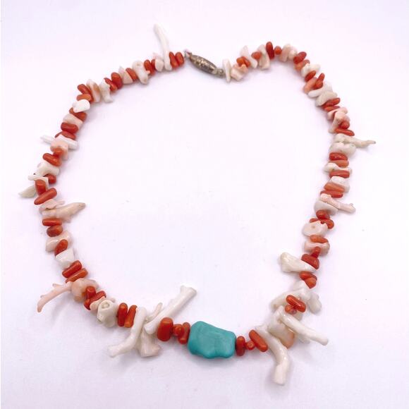 Vintage white And Pink Coral Necklace with Turquoise 16” Handmade - Picture 4 of 7